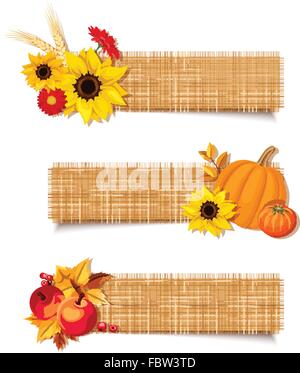 Vektor Herbst Banner mit Äpfel, Kürbisse und Blumen. Stock Vektor