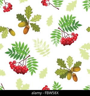 Nahtloses Muster mit Eiche und Rowan Zweige, Blätter und Beeren. Vektor-Illustration. Stock Vektor