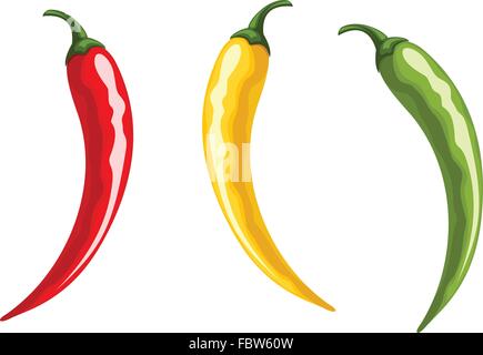 Rot, gelb und grün hot Chili-Pfeffer. Vektor-Illustration. Stock Vektor