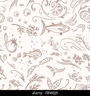 Handbemalte Vektor Hintergrund mit Meeresfrüchten, Gemüse und Kräuter für Menü-design Stock Vektor