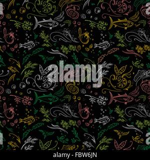 Nahtlose Hintergrund mit bunten handgemalten Meeresfrüchten, Gemüse und Kräuter für Menü-design Stock Vektor