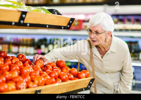 Ältere Frau Wahl ihrer Tomaten Stockfoto