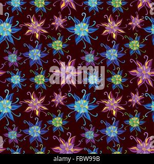 Niedliche nahtlosen Doodle Skizze Stil floraler Hintergrund in blau, lila und grüne Farben auf braun Stock Vektor