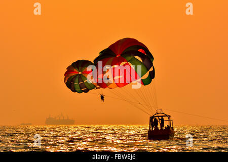 Parasailing im arabischen Meer in Goa. Stockfoto