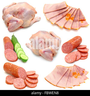 Fleisch-Produkte-Sammlung isoliert auf weißem Hintergrund Stockfoto
