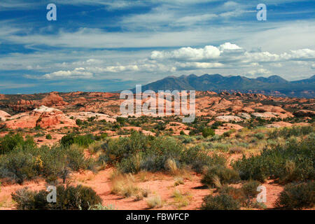 La Sal Mountains ist das südliche Ende der Rocky Mountains und befindet sich im Arches National Park in Utah. Stockfoto