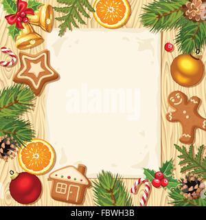 Weihnachtskarte mit Tannenzweigen, Kugeln und Keksen auf einem hölzernen Hintergrund. Stock Vektor