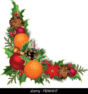 Weihnachten dekorative Ecke mit Kugeln, Holly, Weihnachtsstern, Zapfen und Orangen. Vektor-Illustration. Stock Vektor