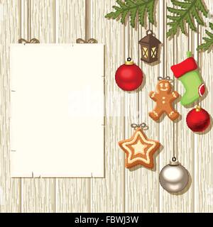 Hängenden Weihnachtsschmuck und ein Plakat auf einem hölzernen Hintergrund. Vektor-Illustration. Stock Vektor