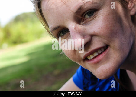 Gesicht der Frau nach dem Sport ohne Make-up Stockfoto