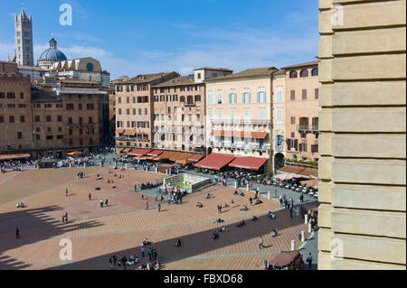 Blick hinunter auf die Piazza del Campo in Siena, Toskana, Italien Stockfoto