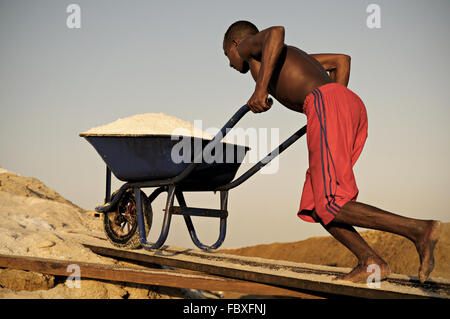 Junge afrikanische Mann schiebt eine Schubkarre voller Salz in den Salzminen am Ufer des Sees Afrera, Afar-Region, Äthiopien Stockfoto