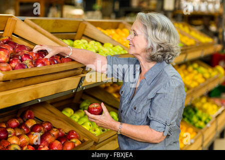 Lächelnde senior Frau Äpfel pflücken Stockfoto