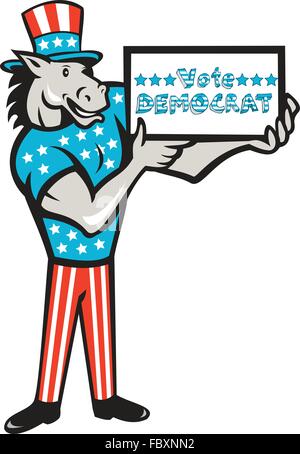 Illustration der ein Demokrat Esel Maskottchen der demokratischen grand alte Partei Gop tragen amerikanische Sternenbanner Flagge Kleidung und Hut stehen Präsentation halten Abstimmung Demokrat unterzeichnen fertig im Cartoon-Stil auf isolierten weißen Hintergrund gesetzt. Stock Vektor