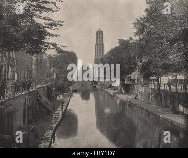 UTRECHT. Blick auf den Kanal. Uhrturm in der Ferne. Niederlande, alte print 1895 Stockfoto