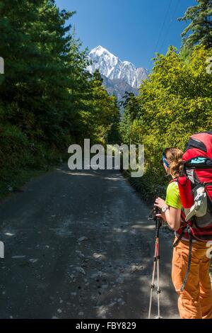 Wanderer mit Blick auf die Berge. Stockfoto