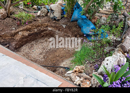 Graben ein Loch, um einen Teich im Garten im Vereinigten Königreich zu