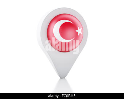 3D Kartenzeiger Türkei Flagge Symbol auf weißem Zeitmessung Stockfoto