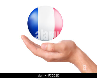 Hand halten Frankreich Flaggensymbol auf weißen Mentorprogramm Stockfoto