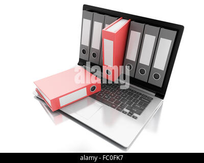 3D Laptop und Dateien. isolierten weißen Hintergrund Stockfoto