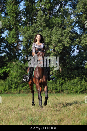 Frau Reiter auf der Rückseite ihres Pferdes im trail Stockfoto