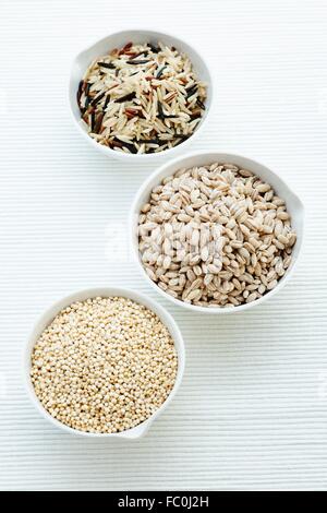 Eine Schüssel mit Quinoa, Graupen und brauner Basmati-Reis mit roter Camargue und Wildreis Stockfoto