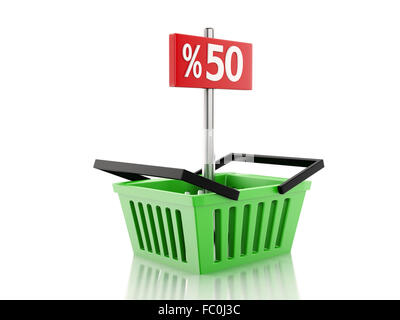 3D Warenkorb mit 50 Prozent-Zeichen auf weiß b Stockfoto