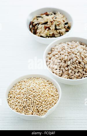 Eine Schüssel mit Quinoa, Graupen und brauner Basmati-Reis mit roter Camargue und Wildreis Stockfoto