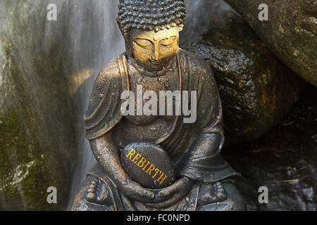 Buddha-Statue mit dem Wort "Rebirth" Stockfoto