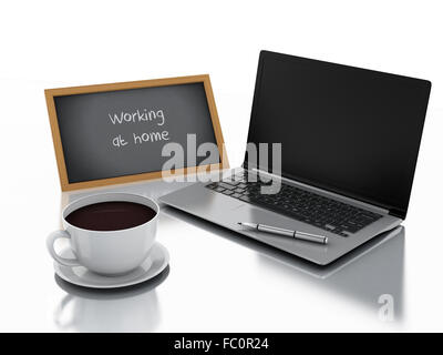 3D Tafel, Tasse Kaffee und Laptop pc. workin Stockfoto