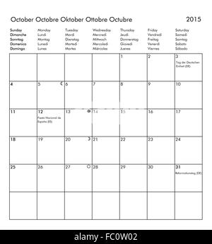 Kalender des Jahres 2015 - Oktober Stockfoto