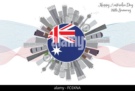 Australia Day Background mit grauen Gebäuden. Nationalfeiertag-Karte mit textfreiraum und Linien. Vektor-Illustration Stock Vektor