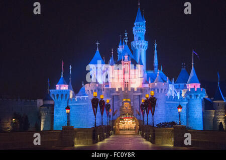 Hong Kong Disneyland Burg bei Nacht Stockfoto