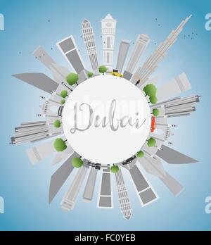 Skyline von Dubai mit grauen Wolkenkratzer, blauer Himmel und Textfreiraum. Vektor-Illustration. Geschäftsreisen und Tourismus-Konzept Stock Vektor