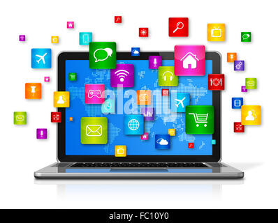 Laptop Computer und fliegenden apps Icons Stockfoto