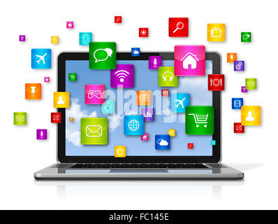 Laptop Computer und fliegenden apps Icons Stockfoto