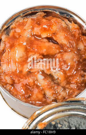 Fischkonserven in Tomatensauce Stockfoto