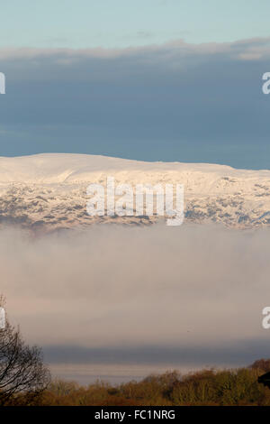 Lake Windermere Cumbria UK Wetter 20. Januar 2016 Sonne aufgehen über misty Lake Windermere & Schnee auf Fjälls. Die Fjälls über Lake Windermere & langsam clearing Nebel über den See-Kredit: Gordon Shoosmith/Alamy Live News Stockfoto