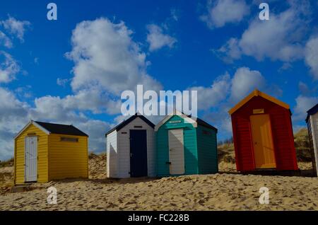 Strandhütten in Southwold. Suffolk. Stockfoto