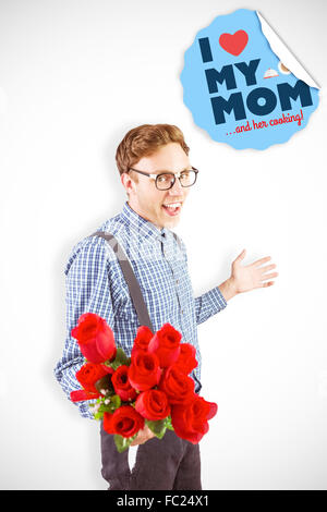 Zusammengesetztes Bild geeky Hipster hält einen Strauß Rosen Stockfoto