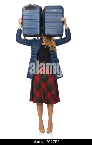 Hübschen weiblichen Modell in blauer Jacke isoliert auf weiss Stockfoto