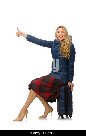 Hübschen weiblichen Modell in blauer Jacke isoliert auf weiss Stockfoto