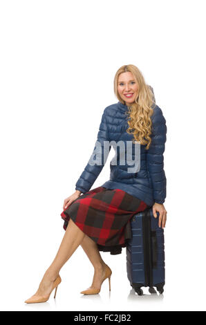 Hübschen weiblichen Modell in blauer Jacke isoliert auf weiss Stockfoto