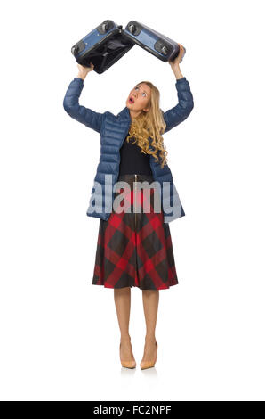 Hübschen weiblichen Modell in blauer Jacke isoliert auf weiss Stockfoto