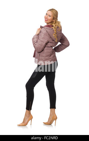 Hübsches Mädchen im Winterjacke isoliert auf weiss Stockfoto