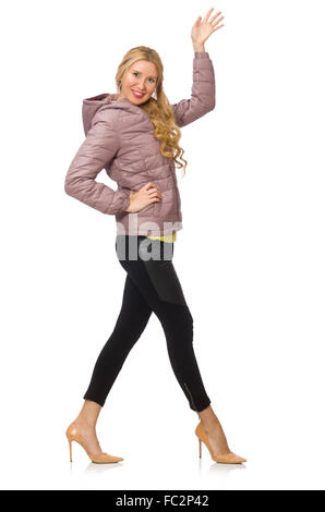 Hübsches Mädchen im Winterjacke isoliert auf weiss Stockfoto
