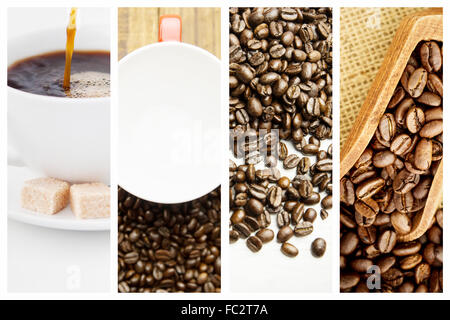 Zusammengesetztes Bild aus Waffeln Zucker und einer Tasse Kaffee auf weißen Teller Stockfoto