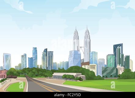 Weg zur modernen Stadt Aussicht Wolkenkratzer Stadtbild Hintergrund mit Textfreiraum Stock Vektor