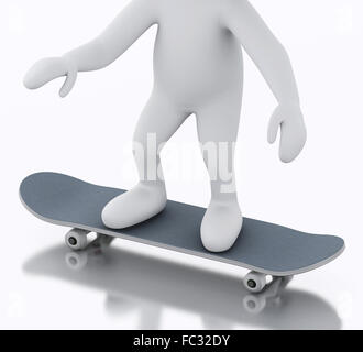 3D weiße Person mit einem Skateboard. Stockfoto