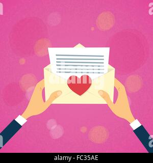Hände halten Brief Umschlag rotes Herz Stock Vektor